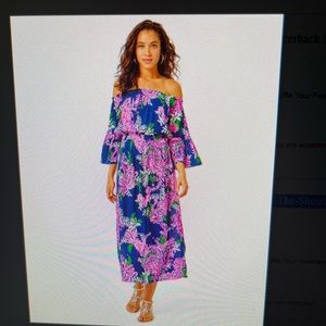 NWT Lilly Pulitzer Ravyn Off the Shoulder Midi Dress Size Large  Navy Pink